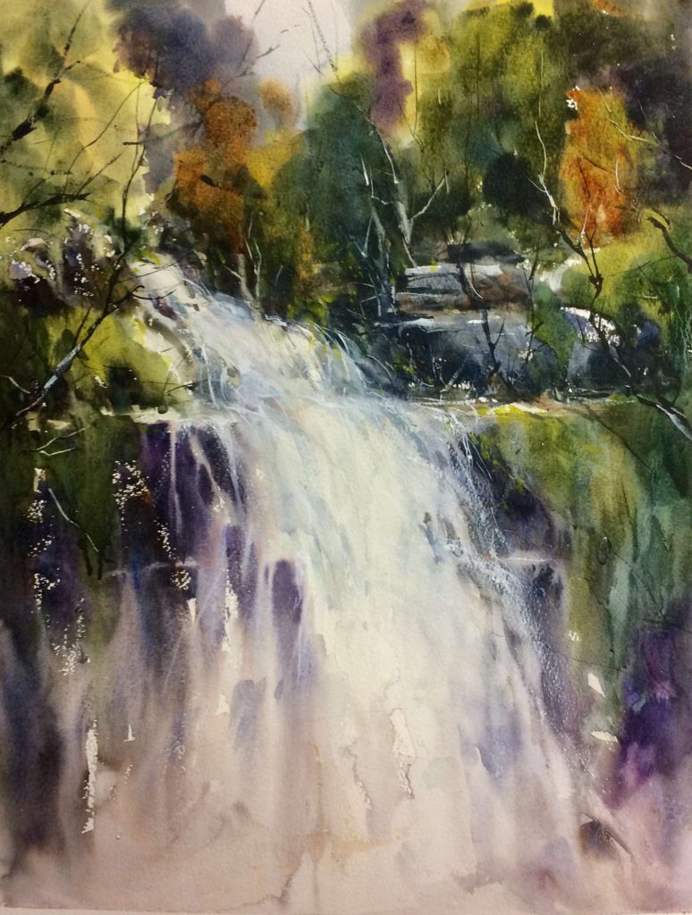 'Dancing Waters - SOLD - Tasmanian Rainforest', watercolour, painting 69 cm H x 53 cm W, frame 94 cm H x 77 cm W