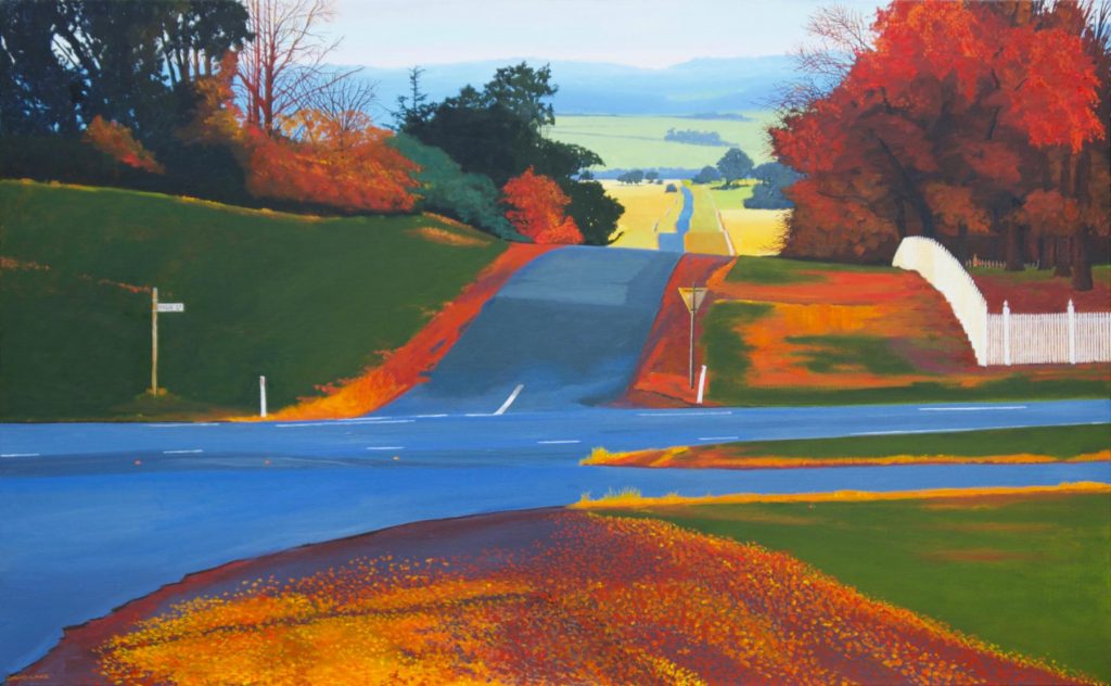 'Campbell Town Cross Roads' - oil on linen - painting size 70 cm H x 113 cm W - frame size 72 cm H x 115 cm W