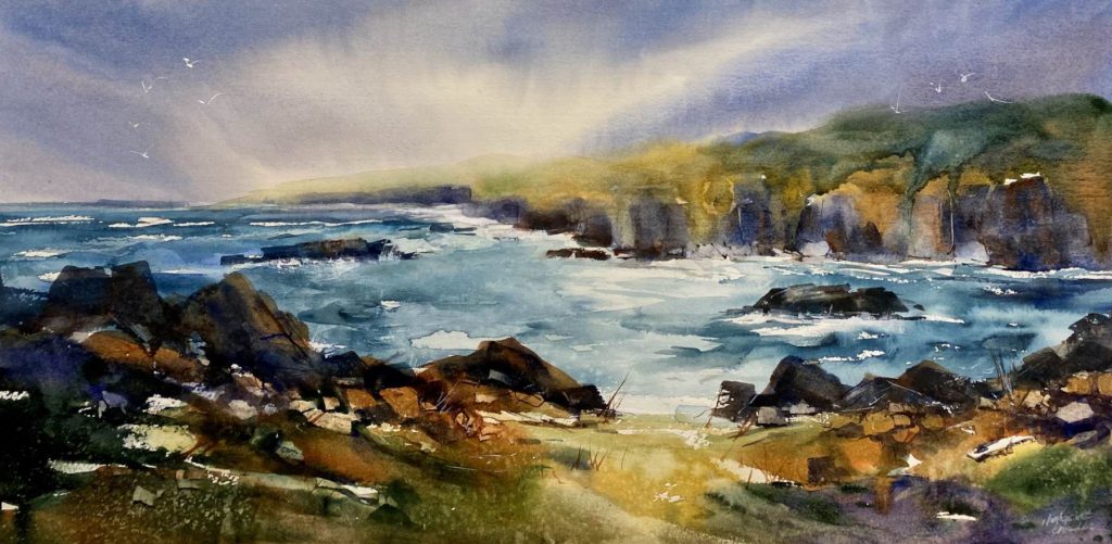 'Rocky Foreshore' - DONATED TO ROTARY - watercolour - painting size 36 cm H x 72 cm W - frame size 59 cm H x 93 cm W