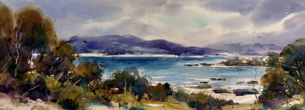 'Holiday Escape - Flinders Island' - watercolour - painting size 26 cm H x 70 cm W - frame size 50 cm H x 93 cm W