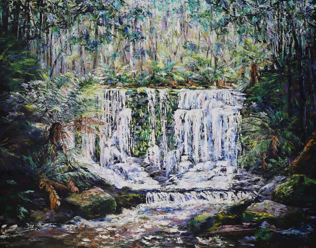 'The Forest and the Falls - Horseshoe Falls, Tasmania' - oil on canvas - size 122 cm H x 150 cm W - framed