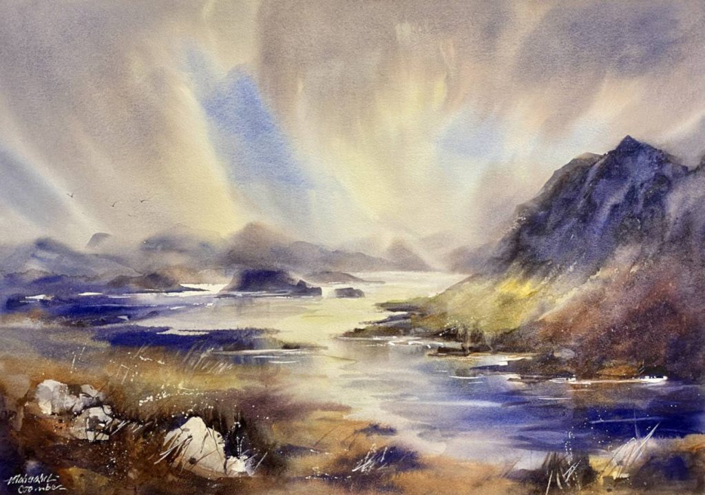 'Break in the Clouds' Bathurst Harbour - SOLD - watercolour - painting size 48 cm H x 71 cm W - frame size 73 cm H x 94 cm W