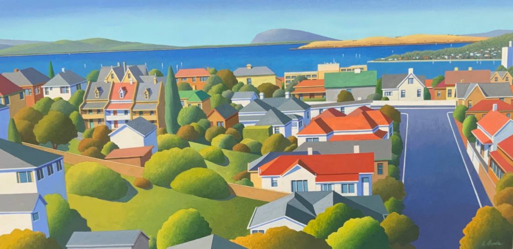 'Glebe View' Hobart - SOLD - acrylic on canvas - painting size 44 cm H x 90 cm W - frame size 48 cm H x 94 cm W