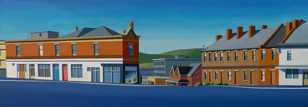 'Sandy Bay Road & Montpellier Street' - SOLD - acrylic on canvas - painting size 30 cm H x 80 cm W - frame size 33 cm H x 83 cm W