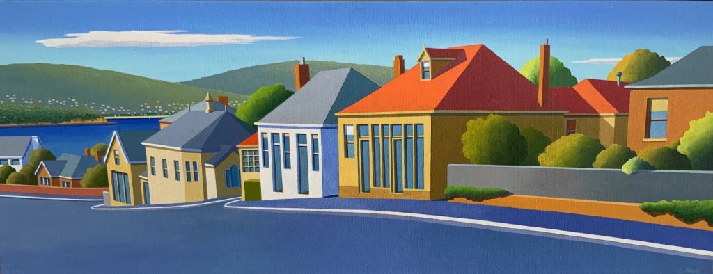 'Lower Hampden Road' Battery Point - SOLD - acrylic on canvas - painting size 30 cm H x 78 cm W - frame size 32 cm H x 80 cm W