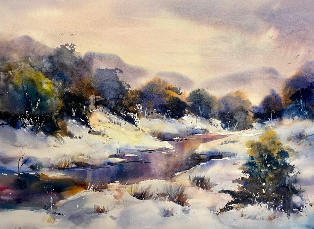 'Soft Light' Tasmanian Highlands - RED DOT 🔴 - watercolour - painting size 50 cm H x 70 cm W - frame size 76 cm H x 96 cm W