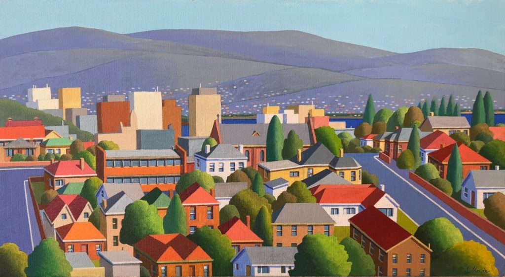 'Adelaide Street' South Hobart - SOLD - acrylic on canvas - painting 33 cm H x 60 cm W - frame 36 cm H x 63 cm W