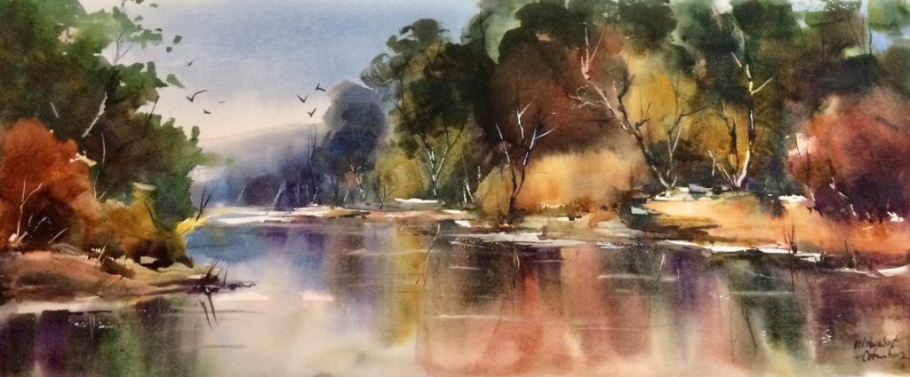 'River of Dreams' - SOLD - watercolour - painting 30 cm H x 73 cm W - frame 55 cm H x 97 cm W