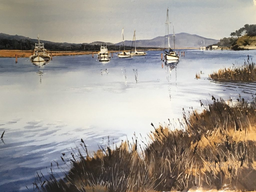 'Reflections - Huon River Franklin' - watercolour - painting 52 cm H x 72 cm W - matted