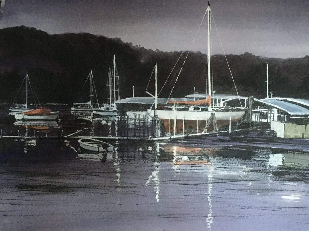 'Cygnet Yacht Club' - watercolour - painting 52 cm H x 72 cm W - matted
