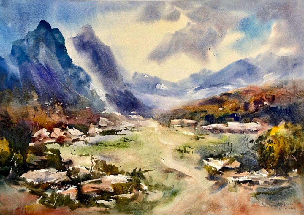 'Mountain Pass' - Tasmanian Highlands - watercolour - painting 50 cm H x 72 cm W - frame 72 cm H x 92 cm W