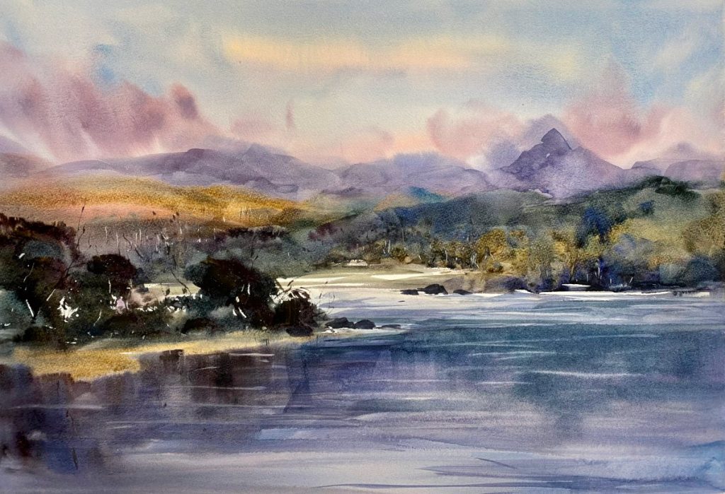 'Winter Light' - Lake St Clair - watercolour - painting 50 cm H x 72 cm W - matted