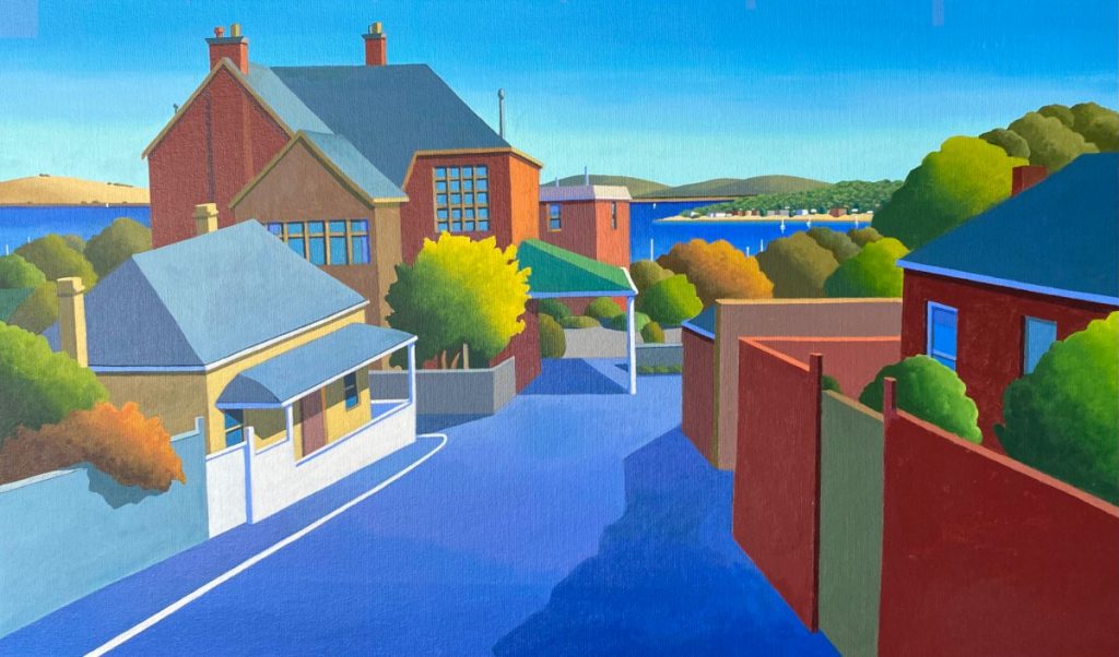 'Turner Street' - Sandy Bay, Tasmania - SOLD - acrylic on canvas - painting 46 cm H x 76 cm W - frame 50 cm H x 80 cm W