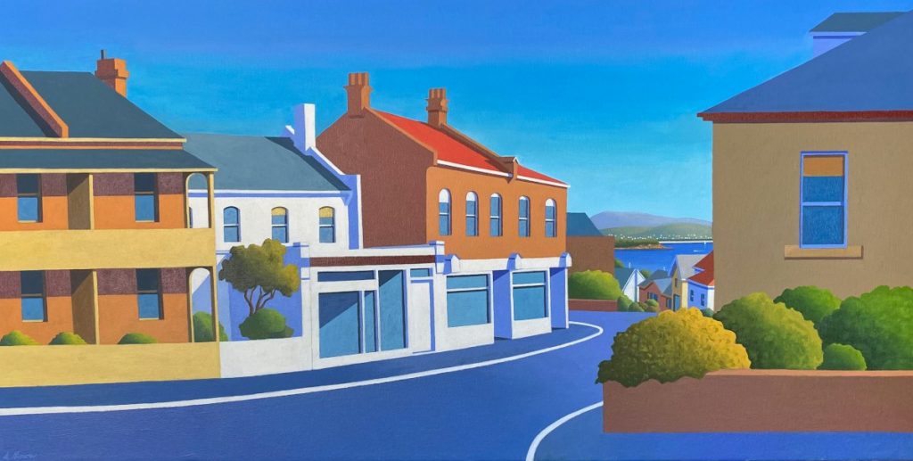 'Hampden Road' - acrylic on canvas - painting 50 cm H x 98 cm W - frame 52 cm H x 100 cm W