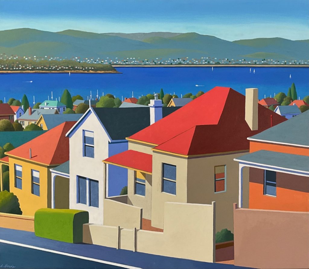 'Lower Jordan Hill Road' - West Hobart - SOLD - acrylic on canvas - painting 64 cm H x 67 cm W - frame 74 cm H x 77 cm W