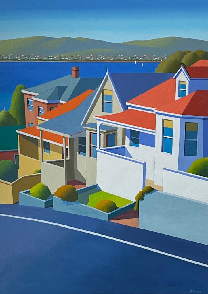 'De Witt Street' - Battery Point - acrylic on canvas - painting 90 cm H x 65 cm W - frame 93 cm H x 68 cm W