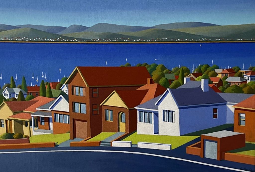 'Duke Street' - Sandy Bay, Tasmania - acrylic on canvas - painting 40 cm H x 60 cm W - frame 43 cm H x 63 cm W