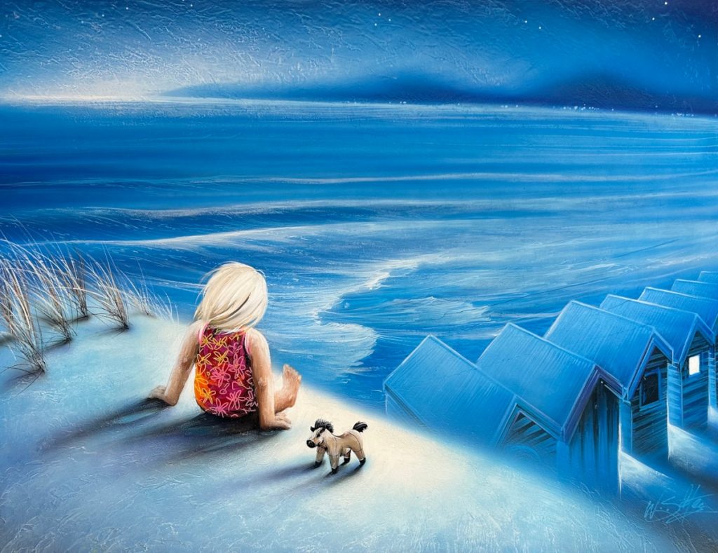 'Moon Turns the Tides' - oil and acrylic on canvas - painting 100 cm H x 120 cm W - frame 102 cm H x 122 cm W