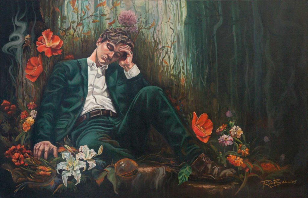 'The Weight of the Mind' - oil on canvas - painting 76 cm H x 121 cm W - frame 84 cm H x 129 cm W