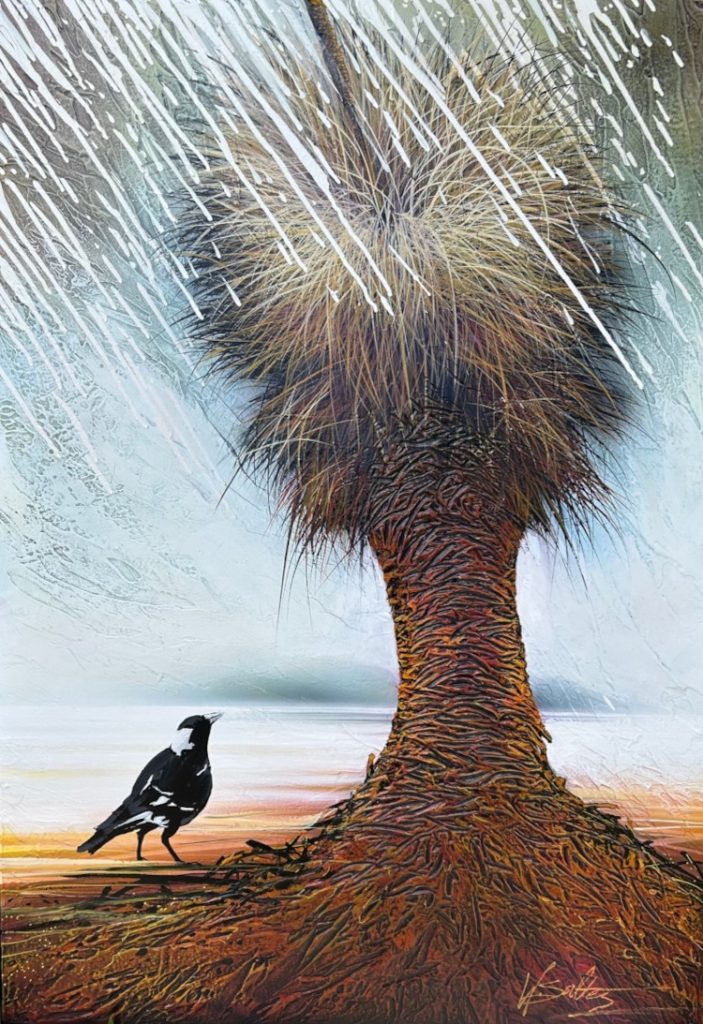 'Rains are here again' - oil & acrylic on canvas - painting 130 cm H x 90 cm W - frame 133 cm H x 93 cm W