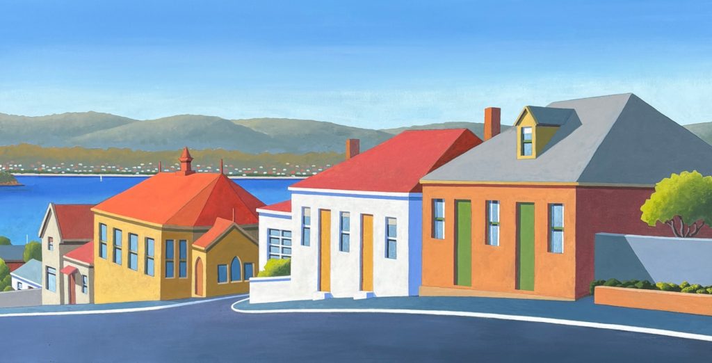 'Hampden Road' Battery Point - RED DOT 🔴 - acrylic on canvas - painting 44 cm H x 84 cm W - frame 48 cm H x 88 cm W